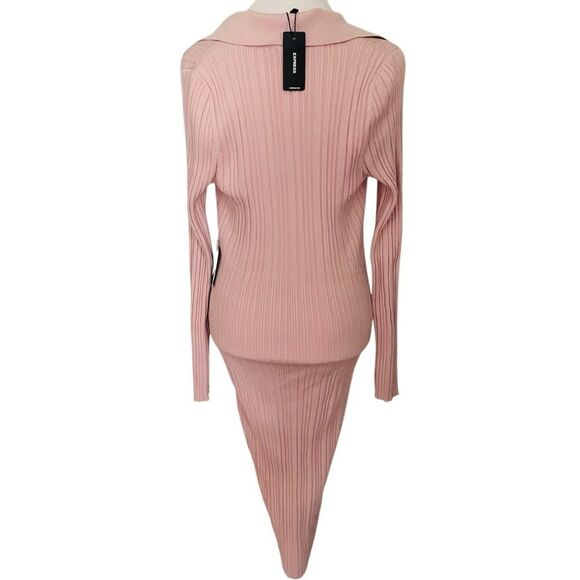 NWT EXPRESS Pink Ribbed Bodycon Long Sleeve Midi Dress,button front size Medium - Picture 3 of 7